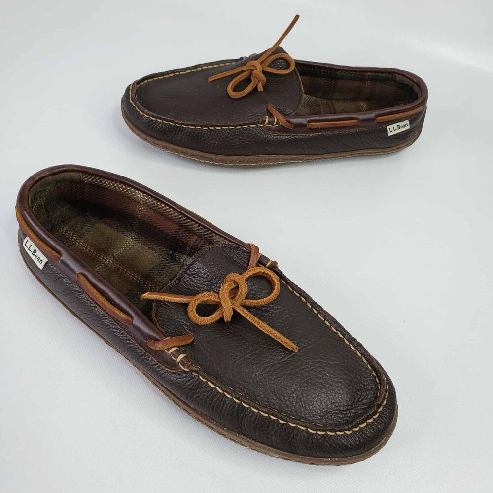 LL Bean Leather Slippers Men’s Size 10 Brown Flannel Lined Moccasin Comfort